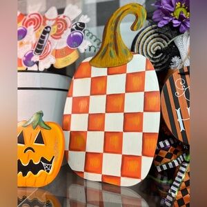 Orange and White Checkered Pumpkin Metal Stake Decor Halloween and Fall